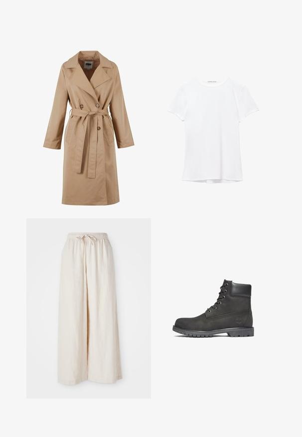Beige trenchcoat med dobbeltbrystet design, stor krave, bælte og sidelommer. Fremstillet af glat, let stof.; Hvid kortærmet t-shirt lavet af glat stof, med rund halsudskæring og diskrete syninger ved kanten.; Bredde ben, flødefarvede bukser med elastisk talje og snor. Glat, let linnedstof uden synlige mønstre eller hardware.; Sorte læder ankelstøvler med rund tå, snørelukning foran, polstret krave og mønstret gummisål. Har et logo præget på siden.