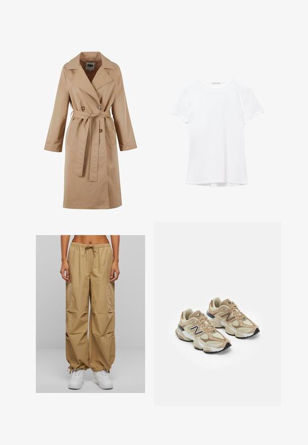 Trench coat bej cu un design cu două rânduri de nasturi, guler mare, curea cu nod și buzunare laterale. Fabricat dintr-un material neted și ușor.; Cămașă albă cu mânecă scurtă dintr-un material neted, cu guler rotund și detalii discrete de cusătură la tiv.; Pantaloni cargo bej cu talie elastică, șnur și buzunare laterale. Prezintă manșete adunate și un material ușor, neted.; Adidași bej din materiale mesh și suede. Prezintă un logo negru și accente texturate. Talpă intermediară albă groasă și talpă exterioară din cauciuc negru.