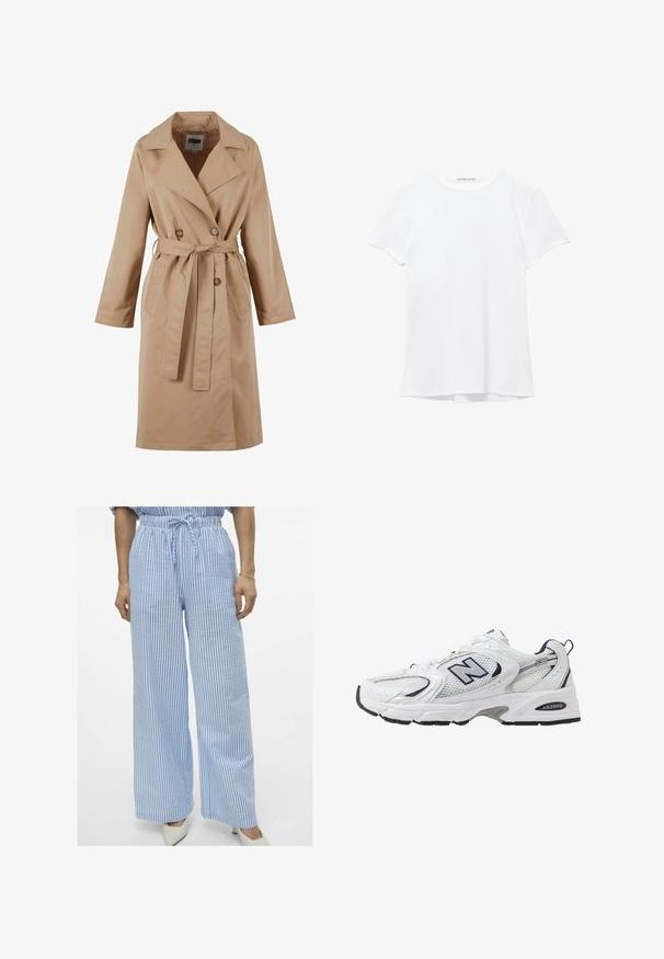 Bež long blazer s dvostrukim kopčanjem, velikim ovratnikom, remenom i bočnim džepovima. Izrađen od glatkog, laganog materijala.; Bijela majica kratkih rukava izrađena od glatkog materijala, s okruglim izrezom i suptilnim detaljima šivanja na rubu.; Prugaste široke hlače u svijetloplavoj i bijeloj boji, s pojasom na vezanje i mekim teksturom materijala. Imaju ležeran kroj i opuštenu siluetu.; Bijela atletska cipela s mrežastim gornjim dijelom, mornarskim akcentima i podstavljenim potplatom. Sadrži "N" logo, vezice i teksturirani detalj sa strane.