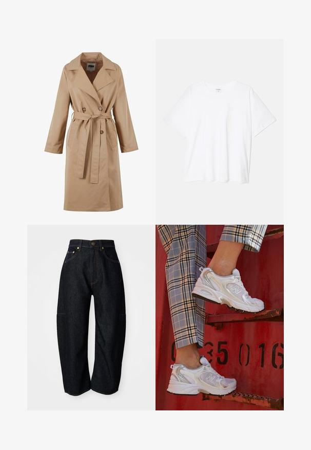 Beige trenchcoat met een dubbelgebreide ontwerp, grote kraag, strikceintuur en zijzakken. Gemaakt van een gladde, lichte stof.; Witte katoenen t-shirt met korte mouwen, ronde halslijn, comfortabele pasvorm en gestikte zoom. Etiket zichtbaar aan de binnenzijde van de hals.; Donkerdenim jeans met een relaxte pasvorm, voorzien van subtiele oranje stiksels, voorzakken en een platte tailleband met een knoopsluiting.; Witte mesh sneakers met zilveren accenten en een gestructureerde zool, gepositioneerd op een rode ondergrond, gecombineerd met gestreepte broek.