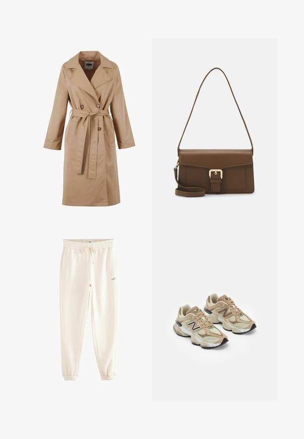 Bežinis tranšėja su dvigubu mygtukų uždarymu, dideliu apykakle, juosmens diržu ir šoninėmis kišenėmis. Pagaminta iš lygios, lengvos medžiagos.; Šviesiai smėlinė kamizola, pagaminta iš minkštos medžiagos, su plonomis reguliuojamomis petnešomis ir V formos iškirpte, šiek tiek laisvu prigludimu.; Kreminės spalvos džinsinės kelnės, pagamintos iš minkštos medžiagos, turi elastingą juosmenį, raištelį, šonines kišenes ir pasiruošusius rankogalius. Atspausdintas "self." logotipas.; Šviesiai rudos sportbačiai, pagaminti iš tinklinės ir zomšos medžiagų. Ypač išryškintas juodas logotipas ir tekstūruoti akcentai. Storas baltas tarpkalnis ir juodas gumos padas.; Rudos odos rankinės, su stačiakampio forma, kuri turi priekinį užtrauktuką, auksinius aksesuarus ir ilgą, reguliuojamą diržą.