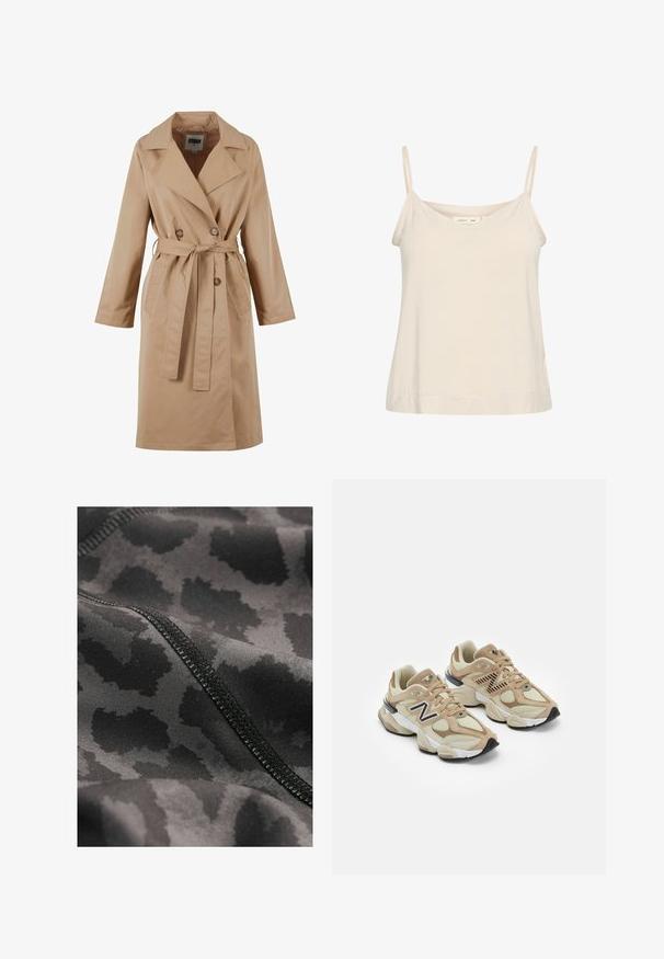 Beige Trenchcoat mit einem doppelt geknöpften Design, großem Kragen, Bindegürtel und Seitentaschen. Hergestellt aus glattem, leichtem Stoff.; Helle beige Spaghettiträgershirt aus weichem Stoff, mit dünnen, verstellbaren Trägern und einem V-Ausschnitt sowie einer leicht lockeren Passform.; Schwarzer Sportstoff mit einem dezenten Leopardenmuster. Glatte Textur mit sichtbaren Steppnähten entlang der Ränder.; Beige Sneaker aus Mesh- und Wildledermaterialien. Mit einem schwarzen Logo und strukturierten Akzenten. Dicke weiße Zwischensohle und schwarze Gummisohle.