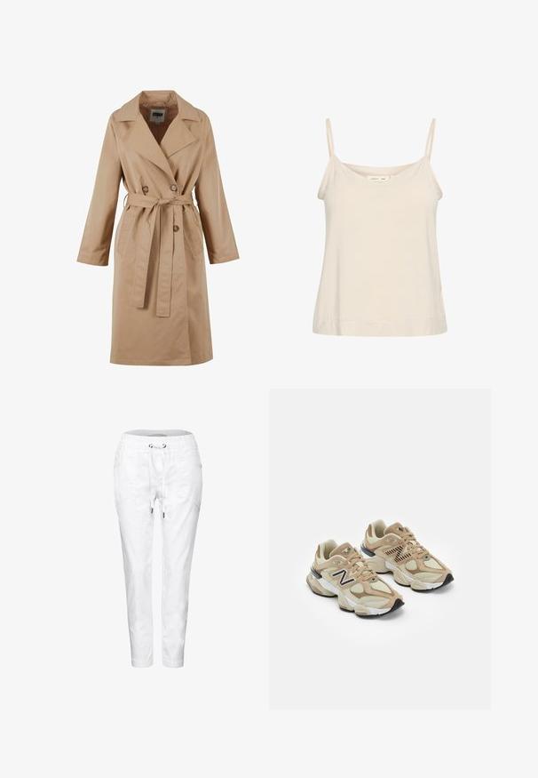 Beige trenchcoat met een dubbelgebreide ontwerp, grote kraag, strikceintuur en zijzakken. Gemaakt van een gladde, lichte stof.; Lichtbeige topje van zachte stof, met dunne verstelbare bandjes en een V-halslijn met een iets ontspannen pasvorm.; Witte broek met elastische taille en trekkoord, met zijzakken en taps toelopende benen; gemaakt van een zachte, lichte stof met een gladde textuur.; Beige sneakers van mesh en nubuck materialen. Bevat een zwart logo en gegrandeerde accenten. Dikke witte tussenzool en zwarte rubberen buitenzool.