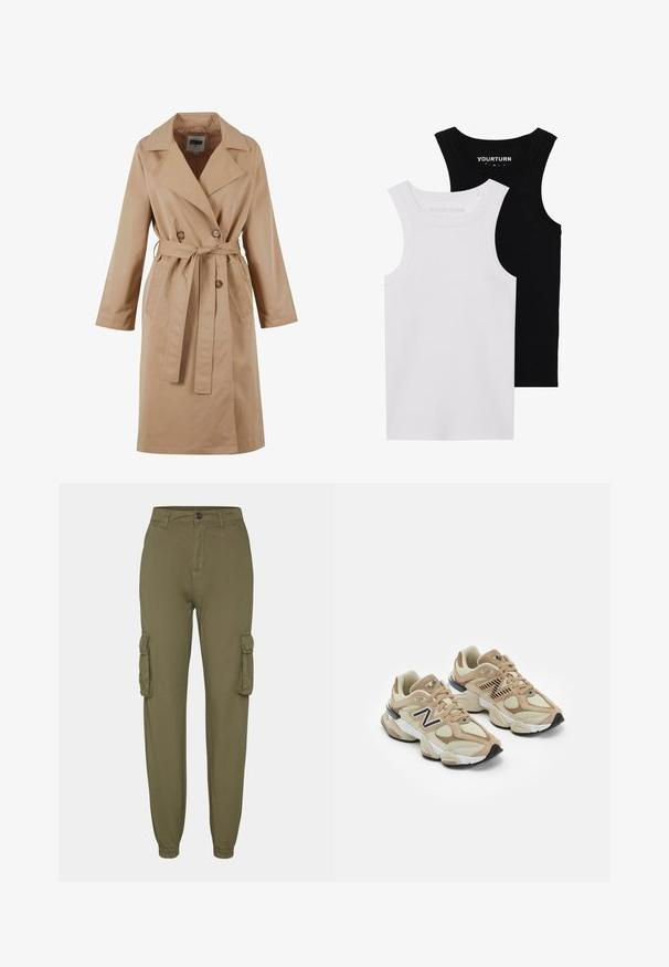 Manteau beige en trench, avec un design à double boutonnage, un grand col, une ceinture à nouer et des poches latérales. Fabriqué en tissu léger et lisse.; Deux débardeurs ajustés en noir et blanc. Fabriqués en coton côtelé, ils disposent de larges bretelles et d'un col arrondi. Marque sur le col.; Pantalons cargo vert olive en tissu doux, dotés de deux poches latérales, de poignets élastiques et d'une fermeture par bouton à l'avant.; Baskets beiges en maille et daim. Présentent un logo noir et des accents texturés. Semelle intermédiaire blanche épaisse et semelle extérieure en caoutchouc noir.