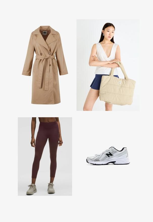 Beżowy płaszcz trench z podwójnym zapięciem, dużym kołnierzem, paskiem do związania i bocznymi kieszeniami. Wykonany z gładkiego, lekkiego materiału.; Brązowa polo z długim rękawem, z poziomymi białymi paskami, kontrastowym białym kołnierzykiem i zapięciem na trzy guziki. Miękka faktura materiału.; Bordowe legginsy z wysokim stanem, wykonane z elastycznej tkaniny, z bocznymi kieszeniami i dopasowanym krojem, który sięga do kostek.; Srebrny but sportowy z siateczkowego materiału, czarnymi akcentami, perforowanym wzorem i wyściełaną białą podeszwą. Posiada wyraźne logo 'N'.; Beżowa pikowana torba na ramię z wyściełanym wykończeniem i solidnymi uchwytami, z małym logo z przodu. Model nosi białą bluzkę i granatową spódnicę.