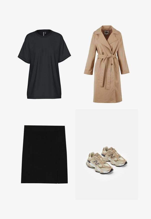 Beige színű trench coat, dupla gombolású dizájnnal, nagy gallérral, övvel és oldalsó zsebekkel. Simább, könnyű anyagból készült.; Fekete rövid ujjú póló kerek nyakkivágással, puha anyagból készült. Laza szabású, minimális varrási részletekkel.; Fekete mini szoknya puha anyagból, testhez álló szabással, az oldalon enyhe hasítékkal a különleges részletek érdekében.; Beige sportcipők hálós és bőrszövet anyagból. Fekete logóval és texturált részletekkel rendelkezik. Vastag fehér középtalpa és fekete gumi talpa van.