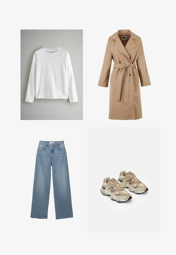 Beige Trenchcoat mit einem doppelt geknöpften Design, großem Kragen, Bindegürtel und Seitentaschen. Hergestellt aus glattem, leichtem Stoff.; Weißes Langarm-T-Shirt aus weichem Baumwollstoff. Mit Rundhalsausschnitt und lockerem Schnitt sowie geraden Säumen.; Helle blaue weit geschnittene Jeans aus Denim. Merkmale sind eine hohe Taille, fünf Taschen und ein gerader Schnitt mit minimaler Ausbleichung.; Beige Sneaker aus Mesh- und Wildledermaterialien. Mit einem schwarzen Logo und strukturierten Akzenten. Dicke weiße Zwischensohle und schwarze Gummisohle.