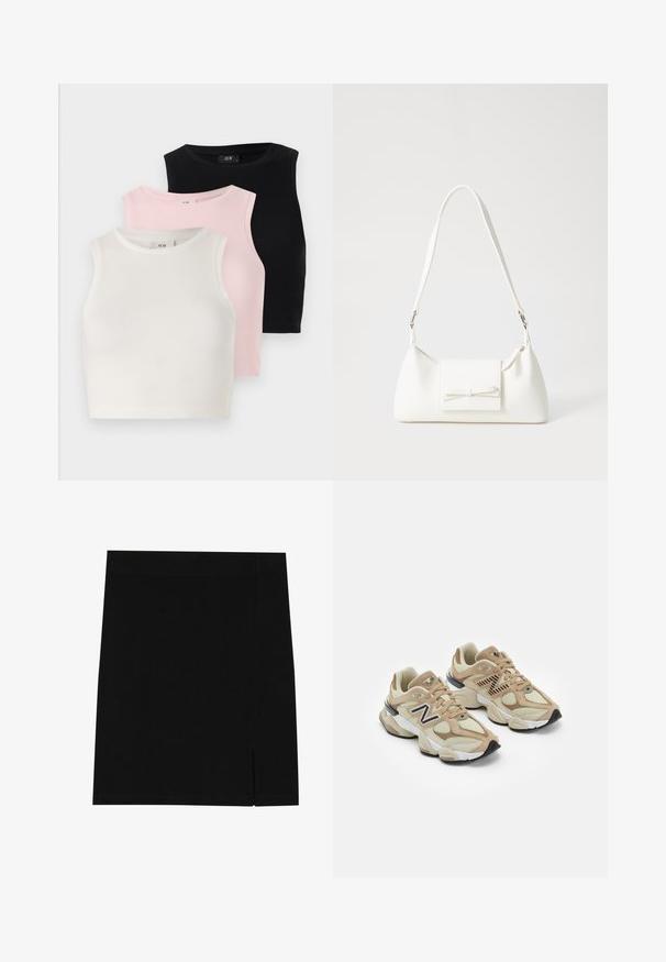 Beige trenchcoat med dubbelknäppning, stor krage, bindbälte och sidfickor. Tillverkad av ett glatt, lättviktigt material.; Tre ärmlösa crop tops i ribbad textur: vit, ljusrosa och svart. Var och en har en rund halsringning och en figurnära design.; Svart mini kjol i mjukt tyg med en åtsittande design, utrustad med en liten slits på sidan för extra detalj.; Beiga sneakers i mesh och mockamaterial. Har en svart logotyp och texturerade detaljer. Tjock vit mellansula och svart gummisula.; Vit syntetisk handväska med triangulär form, platt framklaff och rosettdetalj, justerbar rem, slät textur och minimalistisk design.