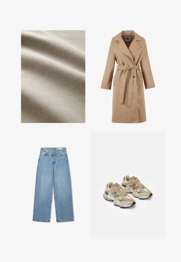 Beige trenchcoat med dobbeltbrystet design, stor krave, bælte og sidelommer. Fremstillet af glat, let stof.; Beige stof med en glat, tekstureret overflade, der viser subtile vandrette linjer og rynker, hvilket indikerer blødhed og fleksibilitet.; Lyseblå vide denimjeans med høj talje, fem lommer, knaplukning og diskret falmning for tekstur.; Beige sneakers med mesh og suede materialer. Har et sort logo og teksturerede accenter. Tyk hvid mellemsål og sort gummisål.