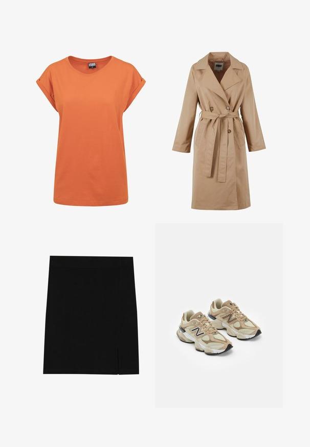Beige trenchcoat med dobbeltbrystet design, stor krave, bælte og sidelommer. Fremstillet af glat, let stof.; Orange bomulds T-shirt med afslappet pasform, rund halsudskæring og foldede korte ærmer. Simpelt design uden synlige mønstre eller accenter.; Sort mini nederdel lavet af blødt stof med en tætsiddende design, der har en lille slids på siden for ekstra detalje.; Beige sneakers med mesh og suede materialer. Har et sort logo og teksturerede accenter. Tyk hvid mellemsål og sort gummisål.