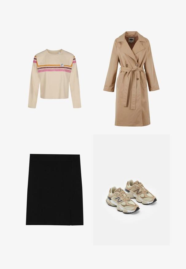 Beige trenchcoat med dobbeltbrystet design, stor krave, bælte og sidelommer. Fremstillet af glat, let stof.; Beige langærmet crop top med rund hals, der har horisontale striber i pink, brun og orange på brystet og de øverste arme, samt et lille rundt logo.; Sort mini nederdel lavet af blødt stof med en tætsiddende design, der har en lille slids på siden for ekstra detalje.; Beige sneakers med mesh og suede materialer. Har et sort logo og teksturerede accenter. Tyk hvid mellemsål og sort gummisål.