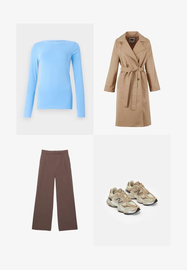 Beige Trenchcoat mit einem doppelt geknöpften Design, großem Kragen, Bindegürtel und Seitentaschen. Hergestellt aus glattem, leichtem Stoff.; GAP CREW - Langarmshirt - union blue; Weite Hosen aus einfarbigem braunem Stoff, mit einer glatten Textur, vorderen Falten und einem maßgeschneiderten Bund. Keine sichtbaren Logos oder Muster.; Beige Sneaker aus Mesh- und Wildledermaterialien. Mit einem schwarzen Logo und strukturierten Akzenten. Dicke weiße Zwischensohle und schwarze Gummisohle.