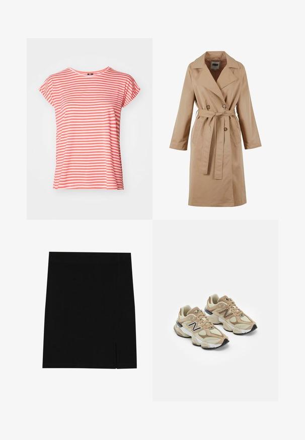 Beige Trenchcoat mit einem doppelt geknöpften Design, großem Kragen, Bindegürtel und Seitentaschen. Hergestellt aus glattem, leichtem Stoff.; Gestreiftes T-Shirt in Koralle und Weiß, kurze Ärmel, weicher Stoff, runder Ausschnitt, lässige Passform, mit gleichmäßig verteilten horizontalen Streifen.; Schwarzer Minirock aus weichem Stoff mit figurbetontem Design, ausgestattet mit einem leichten Schlitz an der Seite für zusätzlichen Details.; Beige Sneaker aus Mesh- und Wildledermaterialien. Mit einem schwarzen Logo und strukturierten Akzenten. Dicke weiße Zwischensohle und schwarze Gummisohle.