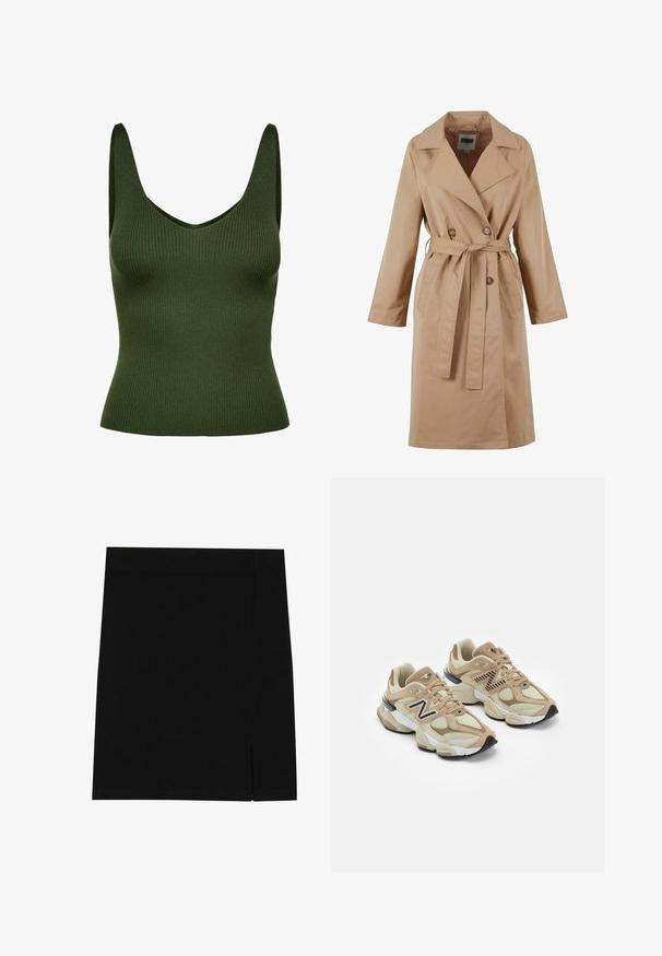Beige trenchcoat med dobbeltradet design, stor krage, belte og sidelommer. Laget av glatt, lett stoff.; Ribbet grøn tanktop med V-hals og brede stropper. Lavet af struktureret materiale, har den en tætsiddende silhuet og sømløs konstruktion.; Svart mini skjørt laget av mykt stoff med en tettsittende design, med en liten slisse på siden for ekstra detaljer.; Beige joggesko med mesh- og semsket skinnmaterialer. Har en svart logo og teksturerte detaljer. Tjukk hvit mellomsole og svart gummisåle.
