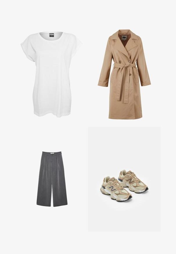 Beige trenchcoat med dobbeltbrystet design, stor krave, bælte og sidelommer. Fremstillet af glat, let stof.; Hvid kortærmet t-shirt lavet af bomuld, med en afslappet pasform, bred halsudskæring og minimalistisk design uden mønstre eller accenter.; Plisserede vide bukser i en mørkegrå stof med en subtil tekstur. Har en knaplukning og et klassisk talje-design.; Beige sneakers med mesh og suede materialer. Har et sort logo og teksturerede accenter. Tyk hvid mellemsål og sort gummisål.