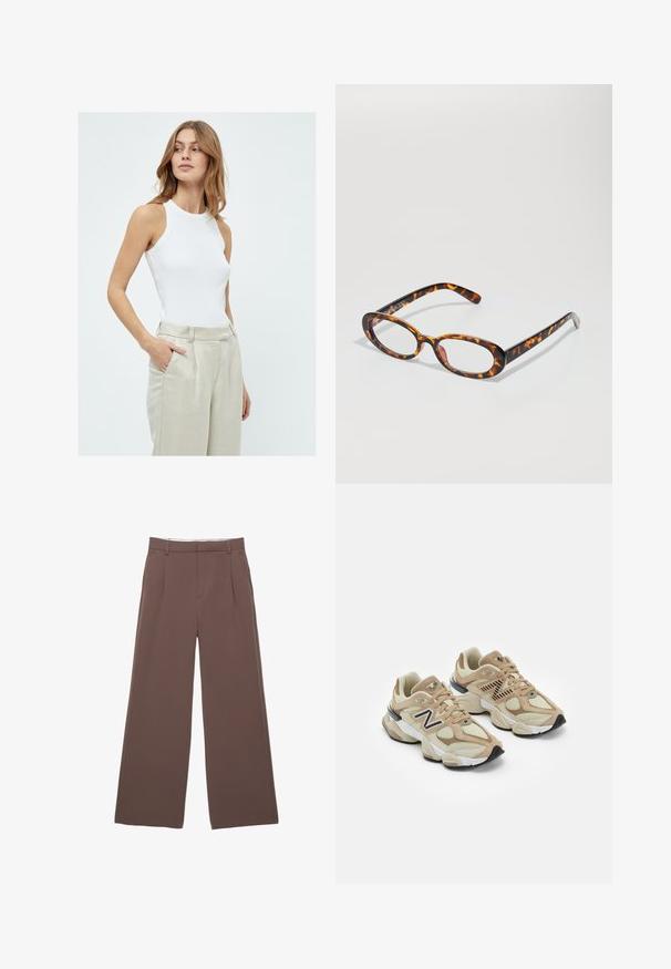Beige Trenchcoat mit einem doppelt geknöpften Design, großem Kragen, Bindegürtel und Seitentaschen. Hergestellt aus glattem, leichtem Stoff.; Weißes ärmelloses Tanktop mit figurnaher Passform, aus geripptem Stoff, kombiniert mit hellbeigen, hochgeschnittenen Leinenhosen.; Weite Hosen aus einfarbigem braunem Stoff, mit einer glatten Textur, vorderen Falten und einem maßgeschneiderten Bund. Keine sichtbaren Logos oder Muster.; Beige Sneaker aus Mesh- und Wildledermaterialien. Mit einem schwarzen Logo und strukturierten Akzenten. Dicke weiße Zwischensohle und schwarze Gummisohle.; Schildpattbrille mit ovalen Gläsern, glänzender Oberfläche, schlanken Bügeln und subtilen Mustern, die an die Streifen eines Tigers erinnern.