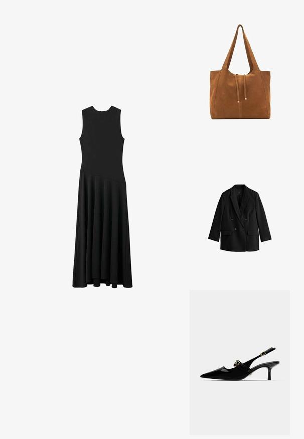 Čierny dvojradový blejzer s klopovými lakťami, dvoma prednými vreckami a gombíkmi. Hladká látka s prispôsobeným strihom a dlhými rukávmi.; Čierne bezrukávové maxi šaty s priliehavým živôtikom a rozšírenou sukňou, s hladkou textúrou a minimalistickým dizajnom, bez viditeľného zapínania.; Čierne lakované sandále na podpätku so špicatou špičkou, ktoré majú dvojité zlaté pracky a štíhly stiletto podpätok.; Hnedá semišová taška cez rameno s dvoma dlhými popruhmi, sťahovacou šnúrkou a minimalistickým dizajnom. Hladký povrch a žiadne viditeľné kovové doplnky.