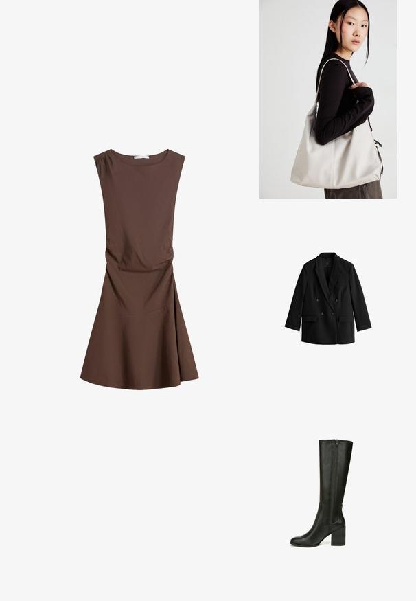 Zwarte dubbele blazer met klepjes, twee voorzakken en knopen. Vriendelijke stof met een getailleerde snit en lange mouwen.; Mouwloze bruine jurk tot de knie met ronde halslijn en lichte zijruche, uitlopende rok op een witte achtergrond.; Zwarte leren kniehoge laarzen met een spitse teen, gestructureerde blokhak en ritsdetails aan de zijkant. Glad afwerking en aansluitend ontwerp.; Beige handtas gemaakt van zacht materiaal, met een slonzig ontwerp, gestikte details en twee schouderbanden. Geschikt voor dagelijks gebruik.