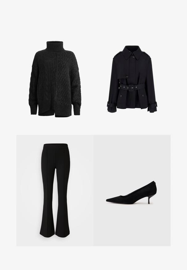 Schwarzer Trenchcoat mit hohem Kragen, geknöpfter Vorderseite, tailliertem Gürtel und gefalteten Ärmelbündchen. Gefertigt aus einem glatten, leichten Stoff.; Schwarzer Strickpullover mit hohem Stehkragen, der ein strukturiertes Muster und überschnittene Schultern aufweist; seitliche Schlitze am Saum erhöhen den Komfort und die Passform.; Schwarze, ausgestellte Hose aus einem dehnbaren Material mit glatter Textur, ausgestattet mit Nahtdetails an der Vorderseite für ein zusätzliches Designelement.; Schwarzer Wildleder-High-Heel-Schuh mit spitzem Zeh und slim, niedrigem Absatz. Glatte Textur mit elegantem Design, ohne sichtbare Beschläge.