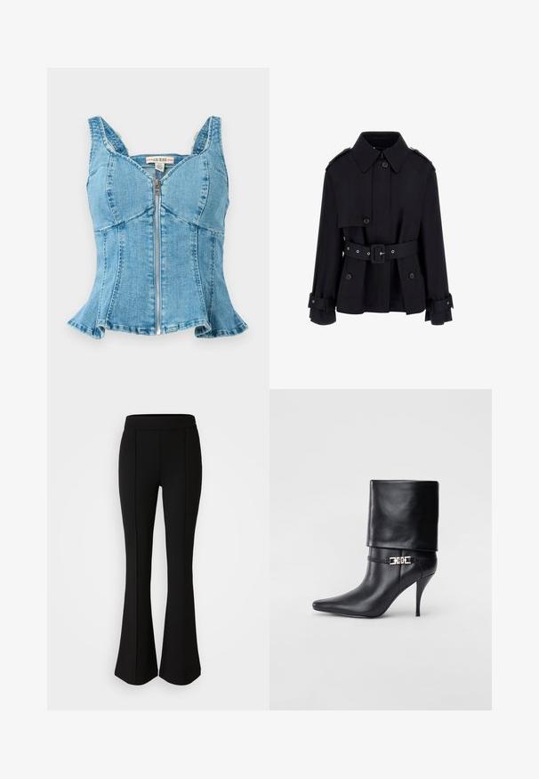 Zwarte trenchcoat met een hoge kraag, knopen aan de voorkant, een ceintuur in de taille en omgeslagen mouwdetails. Gemaakt van een gladde, lichte stof.; Blauwe denim top met een rits aan de voorkant, gestructureerde cups, brede schouderbanden en een uitlopende zoom. Textuurstof met gestikte details.; Zwarte flared broek gemaakt van een rekbaar materiaal met een gladde textuur, met naaddetails aan de voorkant voor extra ontwerp.; Zwarte leren enkelboot met een spitse neus, hoge stilettohak, opgevouwen manchet en een gouden decoratieve gespdetails op de enkel.