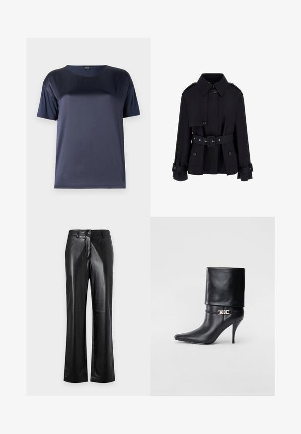 Cappotto lungo nero con colletto alto, chiusura a bottoni, vita regolabile con cintura e dettagli di polsini ripiegati. Realizzato in un tessuto liscio e leggero.; Maglietta a maniche corte blu navy con scollo tondo, realizzata in tessuto leggero e morbido. Presenta un'imbottitura minima e una vestibilità comoda.; Pantaloni in pelle nera con design a gamba dritta, dotati di chiusura frontale con bottone, passanti per cintura e una texture liscia e lucida.; Stivale ankle in pelle nera con punta affusolata, alto tacco a stiletto, risvolto sulla caviglia e un elegante dettaglio in oro con fibbia decorativa.