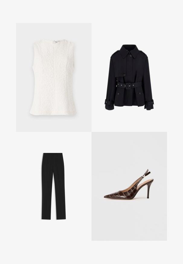 Schwarzer Trenchcoat mit hohem Kragen, geknöpfter Vorderseite, tailliertem Gürtel und gefalteten Ärmelbündchen. Gefertigt aus einem glatten, leichten Stoff.; Weißes ärmelloses Oberteil aus strukturiertem Stoff mit Blumenmuster; hat einen Reißverschluss im Rücken und einen leicht ausgestellten Saum.; Schwarze maßgeschneiderte Hose mit geradem Bein, ausgestattet mit Fronttaschen und einem glatten, strukturierten Stoff. Saubere, minimale Details.; Braune, krokodil-prägierte Leder-Slingback-Pumps mit spitzem Schuhkopf, offenem Seitenbereich und dünnem hohen Absatz. Mit einer Schnallenverstellung gestaltet.