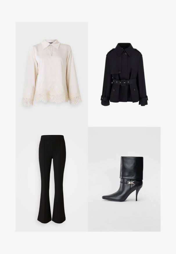 Schwarzer Trenchcoat mit hohem Kragen, geknöpfter Vorderseite, tailliertem Gürtel und gefalteten Ärmelbündchen. Gefertigt aus einem glatten, leichten Stoff.; Cremefarbene Bluse mit kragenförmigem Ausschnitt, Reißverschluss vorne und langen Ärmeln, die eine filigrane Spitzenborte am Saum und an den Ärmelkanten aufweisen.; Schwarze, ausgestellte Hose aus einem dehnbaren Material mit glatter Textur, ausgestattet mit Nahtdetails an der Vorderseite für ein zusätzliches Designelement.; Schwarze Leder-Ankle-Boots mit spitzer Zehenpartie, hohen Stiletto-Absätzen, umgeschlagenem Schaft und einem goldenen dekorativen Schnallen-Detail an der Knöchel.