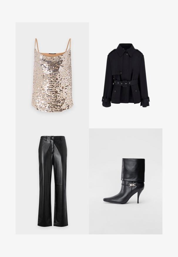 Black trench coat with a high collar, buttoned front, belted waist, and folded cuff details. Made of a smooth, lightweight fabric.; Nude sequin top with thin straps, featuring silver and black sequins in a shimmering pattern, smooth texture, and relaxed fit.; Black leather pants with a straight leg design, featuring a front button closure, belt loops, and a smooth, polished texture.; Black leather ankle boot with a pointed toe, high stiletto heel, fold-over cuff, and a gold decorative buckle detail on the ankle.