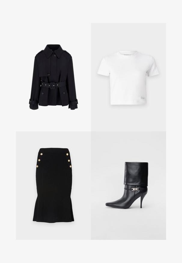 Melnā trenčkotā ar augstu apkakli, pogātiem priekšējiem aizdari, jostasvietu un salocītu piedurkņu detaļām. Izgatavots no gludas, vieglas auduma.; Balts īsais T-krekls, izgatavots no gludas kokvilnas, ar augstu kakla izgriezumu un īsām piedurknēm. Neliels izšūts logo apakšējā stūrī.; Melnā adīta zīda svārku ar ribota tekstūra, paplašinātu apakšmalu un zeltītām pogu detaļām jostasvietā papildu akcentam.; Melnas ādas potīšu zābaki ar smailu purngalu, augstu stiletto papēdi, salocītu aproci un zeltītu dekoratīvu sprādzi uz potītes.