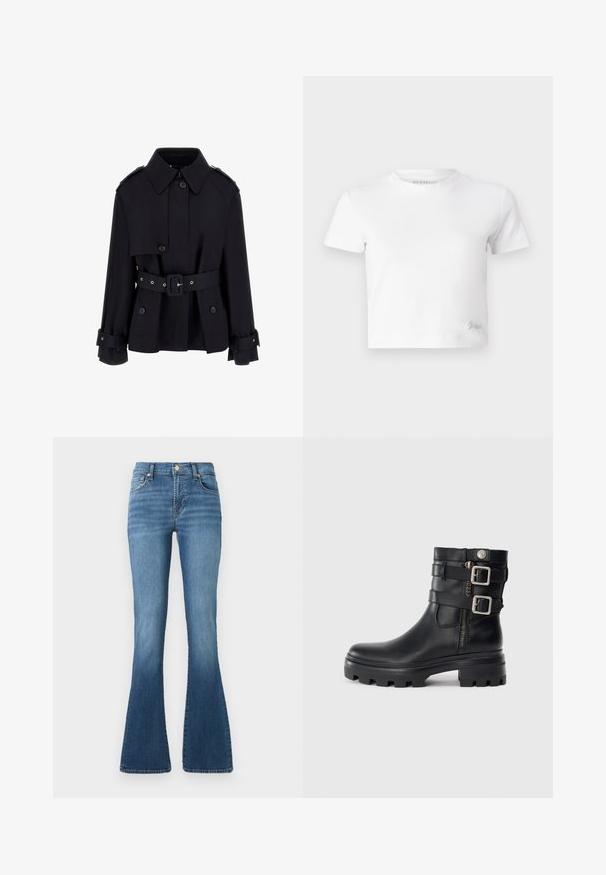 Črn plašč s visokim ovratnikom, z gumbi spredaj, pasom in zložljivimi manšeti. Narejen iz gladkega, lahkega blaga.; Bela skrajšana majica iz gladkega bombaža, z visokim ovratnikom in kratkimi rokavi. Majhen vezen logotip v spodnjem kotu.; Modri flared jeans iz denima z visokim pasom, ki imajo sprednje zapiranje na gumb, subtilno izginjanje in gladko, mehko teksturo.; Črne usnjene gležnarske čevlje z dvojnimi zaponkami, zadrgo, grobim podplatom in gladko teksturo. Imajo trden in stiliziran dizajn.