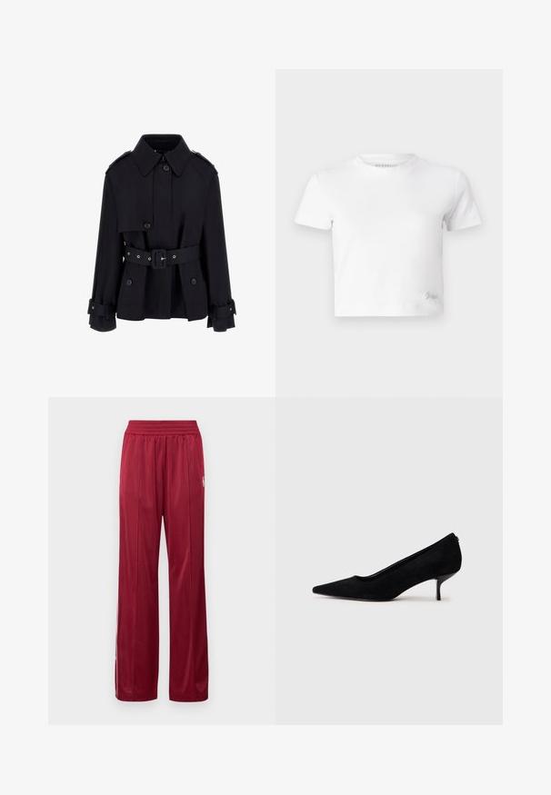 Black trench coat with a high collar, buttoned front, belted waist, and folded cuff details. Made of a smooth, lightweight fabric.; White cropped t-shirt made of smooth cotton, featuring a high neckline and short sleeves. Small embroidered logo in the bottom corner.; Red athletic pants made of smooth fabric with an elastic waistband. Features side stripes and a small logo detail on the left leg.; Black suede high heel shoe with a pointed toe and a slim, low heel. Smooth texture with a sleek design, featuring no visible hardware.