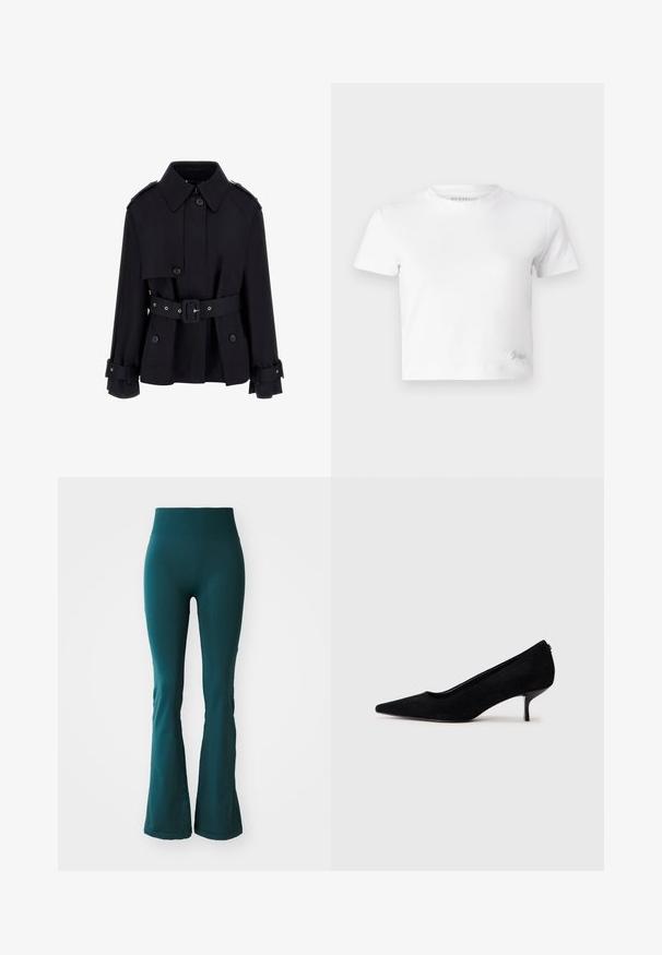 Black trench coat with a high collar, buttoned front, belted waist, and folded cuff details. Made of a smooth, lightweight fabric.; White cropped t-shirt made of smooth cotton, featuring a high neckline and short sleeves. Small embroidered logo in the bottom corner.; Teal flared leggings made of smooth, stretchy fabric with a high waistband, featuring a subtle texture and fitted design.; Black suede high heel shoe with a pointed toe and a slim, low heel. Smooth texture with a sleek design, featuring no visible hardware.