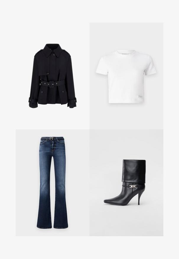 Must mustrükk, millel on kõrge krae, nööpidega esiosa, vöökoht, mis on vöödiga, ja volditud varrukate detailid. Valmistatud siledast, kergest kangast.; Valge lühike t-särk, mis on valmistatud siledast puuvillast, kõrge kaelusega ja lühikeste varrukatega. Väike tikand logoga alumises nurgas.; Tumedat sinised laienevad teksad, millel on tuhmunud tekstuur, kõrge vöökoht, hõbedane riistvara vööaasadel ja esikotid.; Mustad nahast pahkluu saapad terava nina, kõrge stilettokanna, volditud äärega ja kuldse dekoratiivse pandlaga pahkluul.