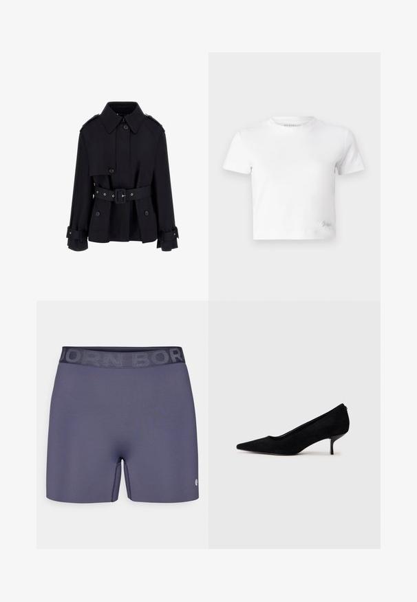 Fekete trench kabát magas gallérral, gombos elülső résszel, övvel ellátott derékkal és hajtott mandzsetta részletekkel. Simá, könnyű anyagból készült.; Fehér, rövid szabású, sima pamut póló, magas nyakkivágással és rövid ujjakkal. Kicsi hímzett logó az alsó sarokban.; Sötétkék sportnadrág, texturált, rugalmas derékpánttal, amelyen a "BORN" felirat található. Simább anyagból készült, testhezálló fazon, kis logóval az oldalon.; Fekete velúr magassarkú cipő hegyes orral és vékony, alacsony sarokkal. Simább textúrájú, letisztult dizájn, amelyen nincsenek látható fém alkatrészek.