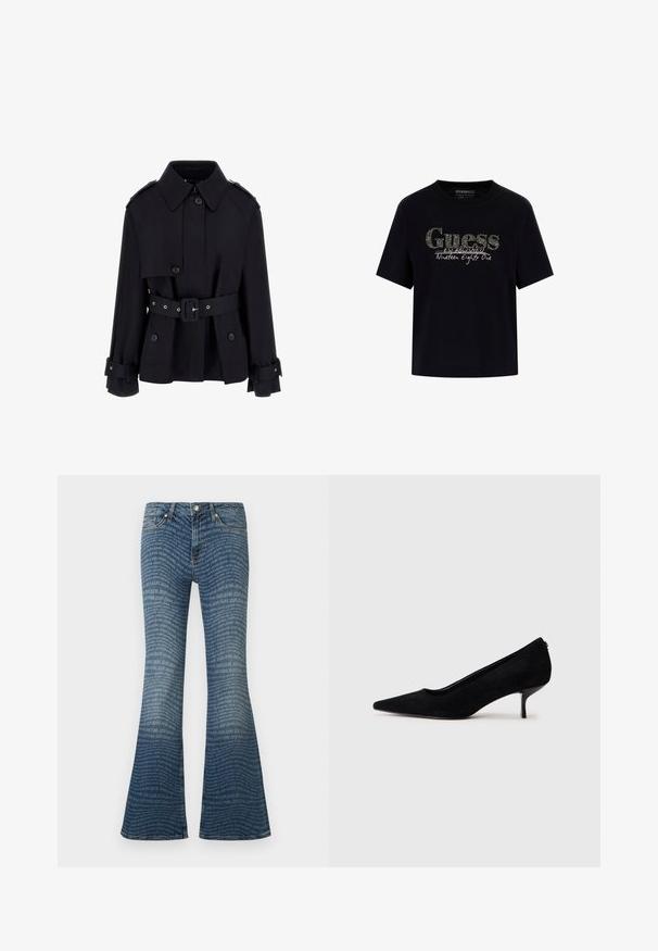 Musta trench-coat, jossa on korkea kaulus, nappikiinnitys etuosassa, vyöllinen vyötärö ja taittuvat hihansuut. Valmistettu sileästä, kevyestä kankaasta.; Mustan puuvillaisen t-paidan pyöreä pääntie ja lyhyet hihat. Mukana kimaltava "Guess" -logo ja teksti "Established Nineteen Eighty One".; Siniset levenevät farkut, joissa on koko pinnan kattava "JOOP! JEANS" -logokuvio ja klassiset viiden taskun yksityiskohdat.; Musta mokkanahkainen korkokenkä, jossa on teräväkärkinen muotoilu ja ohut, matala korko. Pintakuvio on sileä ja yksinkertainen, eikä siinä ole näkyvää metalliosaa.