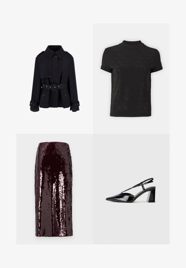 Černý trenčkot s vysokým límcem, zapínáním na knoflíky, páskem v pase a podrobenými detaily na manžetách. Vyroben z hladké, lehké tkaniny.; Černý top s krátkým rukávem, který má vysoký límec a texturovaný vzor s diamantovými akcenty. Měkký materiál s hladkým povrchem a jemným leskem.; Burgundská úzká sukně s flitry, hladkým povrchem a leskem. Rovný silueta, délka ke kolenům, plně pokrytá flitry.; Černé lakované slingback boty na vysokém podpatku s špičatou špičkou, nastavitelným páskem a masivním obdélníkovým podpatkem.