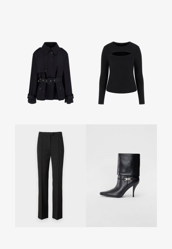 Schwarzer Trenchcoat mit hohem Kragen, geknöpfter Vorderseite, tailliertem Gürtel und gefalteten Ärmelbündchen. Gefertigt aus einem glatten, leichten Stoff.; Schwarzes Langarmshirt mit gerippter Textur und einzigartigem Cut-Out-Detail an der Brust, mit Rundhals und taillierter Silhouette.; Schwarze Hose mit maßgeschneidertem Design, flacher Vorderseite, Reißverschlusstaschen und geradem Beinanschnitt. Hergestellt aus einem glatten Stoff.; Schwarze Leder-Ankle-Boots mit spitzer Zehenpartie, hohen Stiletto-Absätzen, umgeschlagenem Schaft und einem goldenen dekorativen Schnallen-Detail an der Knöchel.