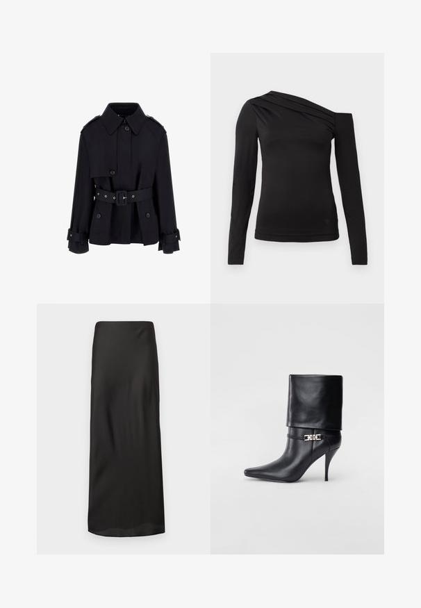 Melnā trenčkotā ar augstu apkakli, pogātiem priekšējiem aizdari, jostasvietu un salocītu piedurkņu detaļām. Izgatavots no gludas, vieglas auduma.; Melnas garām piedurknēm blūze ar asimetrisku kakla izgriezumu, kur viens plecs ir atklāts un maigā drapējuma akcenti krūšu daļā.; Melnā maxi svārku izgatavoti no gluda, viegla auduma. Raksturīga taisna silueta ar elastīgu jostasvietu un bez redzamām rakstu vai rotājumu.; Melnas ādas potīšu zābaki ar smailu purngalu, augstu stiletto papēdi, salocītu aproci un zeltītu dekoratīvu sprādzi uz potītes.