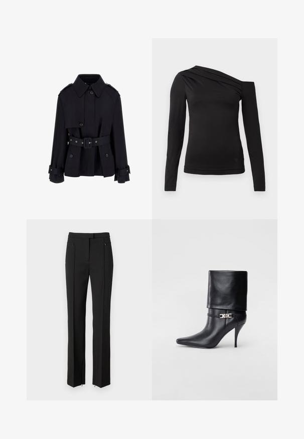 Schwarzer Trenchcoat mit hohem Kragen, geknöpfter Vorderseite, tailliertem Gürtel und gefalteten Ärmelbündchen. Gefertigt aus einem glatten, leichten Stoff.; Schwarzes langärmliges Oberteil mit asymmetrischem Ausschnitt, eines der Schultern ist frei und sanft drapiert über der Brust.; Schwarze Hose mit maßgeschneidertem Design, flacher Vorderseite, Reißverschlusstaschen und geradem Beinanschnitt. Hergestellt aus einem glatten Stoff.; Schwarze Leder-Ankle-Boots mit spitzer Zehenpartie, hohen Stiletto-Absätzen, umgeschlagenem Schaft und einem goldenen dekorativen Schnallen-Detail an der Knöchel.