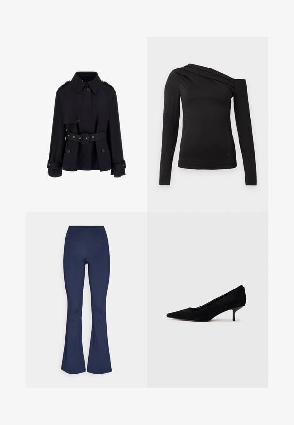 Black trench coat with a high collar, buttoned front, belted waist, and folded cuff details. Made of a smooth, lightweight fabric.; Black long-sleeve top with an asymmetrical neckline, featuring one shoulder exposed and gentle draping across the chest.; Navy blue flared leggings made from stretchy fabric with a high waistband, smooth texture, and no visible patterns or hardware details.; Black suede high heel shoe with a pointed toe and a slim, low heel. Smooth texture with a sleek design, featuring no visible hardware.