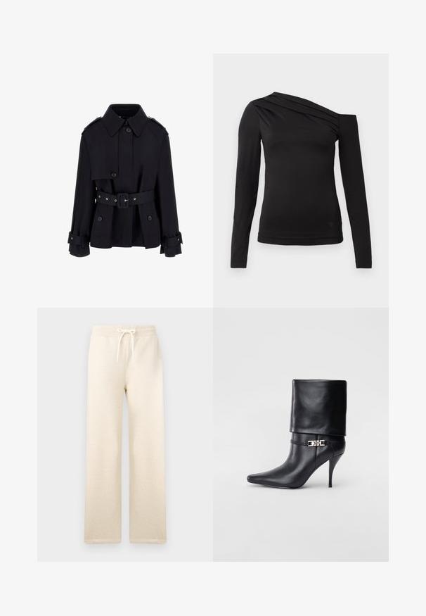 Palton negru cu guler înalt, cu închidere butonată, talie accentuată cu brâu și detalii cu manșete pliate. Realizat dintr-un material fin și ușor.; Top negru cu mâneci lungi și decolteu asimetric, având un umăr expus și drapaj delicat pe piept.; Pantaloni de trening de culoare crem, confecționați dintr-un material moale, având un elastic în talie cu șnur, picioare largi și fără modele vizibile.; Botine negre din piele, cu vârf ascuțit, toc înalt și subțire, cu manșetă pliată și un detaliu decorativ cu cataramă aurie la gleznă.