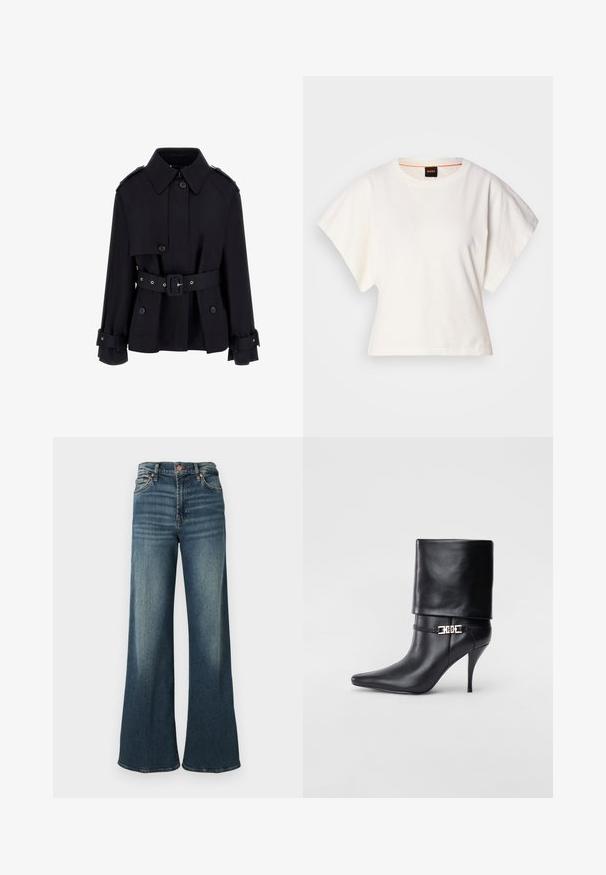 Must mustrükk, millel on kõrge krae, nööpidega esiosa, vöökoht, mis on vöödiga, ja volditud varrukate detailid. Valmistatud siledast, kergest kangast.; Valge lühikeste laiadte varrukatega lühike T-särk, pehme puuvillane materjal, ümar kaelus kergelt oranži ääristusega, minimaalne disain, ilma mustrite ja graafikateta.; Tumesinised laienevad teksad, mis on valmistatud denimist, omavad klassikalist viie tasku disaini, vaskset riistvara ning peent tuhmumist esiküljel.; Mustad nahast pahkluu saapad terava nina, kõrge stilettokanna, volditud äärega ja kuldse dekoratiivse pandlaga pahkluul.