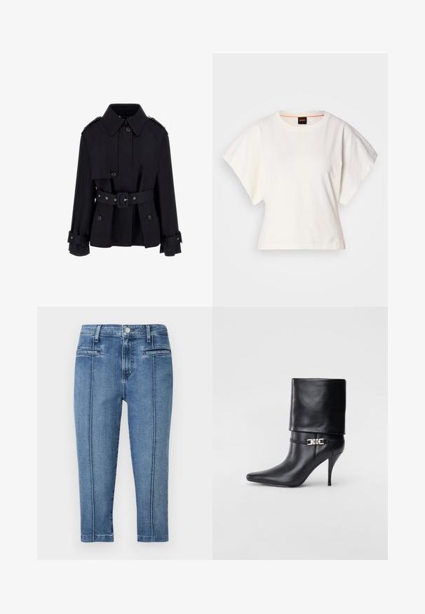 Juodas paltas su aukštu apykakle, sagčių priekiu, dirželiu talijoje ir sulankstytais rankogaliais. Pagamintas iš lygaus, lengvo audinio.; Baltas trumpas marškinėliai, plačios trumpomis rankovėmis, minkšta medvilnė, apvali kaklo iškirptė su subtiliu oranžiniu apvadu, minimalus dizainas, be raštų ar grafikų.; Vidutinės mėlynos džinsinės kelnės, pasižyminčios penkių kišenių dizainu, tiesiu kirpimu ir kontrastingomis siūlėmis šoniniuose siūluose.; Juodos odinės kulkšninių botų su smailiu nosiu, aukštu stiletto kulnu, apvyniojamu kraštu ir auksine dekoratyvine sagtimi prie kulkšnies.