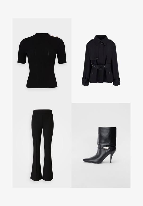 Melnā trenčkotā ar augstu apkakli, pogātiem priekšējiem aizdari, jostasvietu un salocītu piedurkņu detaļām. Izgatavots no gludas, vieglas auduma.; Melna ribota adīta augšdaļa ar augstu apkakli un īsām piedurknēm. Iezīmē trīs zelta krāsas pogas uz pleca. Gluda tekstūra.; Melni izplešami bikses, izgatavotas no elastīga materiāla ar gludu tekstūru, ar šuvju detaļām priekšpusē, lai pievienotu dizaina elementus.; Melnas ādas potīšu zābaki ar smailu purngalu, augstu stiletto papēdi, salocītu aproci un zeltītu dekoratīvu sprādzi uz potītes.