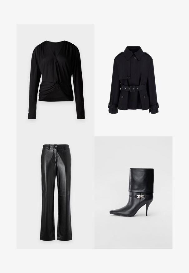 Melnā trenčkotā ar augstu apkakli, pogātiem priekšējiem aizdari, jostasvietu un salocītu piedurkņu detaļām. Izgatavots no gludas, vieglas auduma.; Melnas garām piedurknēm topiņš ar V veida kaklu, savilktām pleca daļām un priekšējo mezglu detaļu; izgatavots no gludas, vieglas auduma.; Melnas ādas bikses ar taisnu kāju dizainu, ar priekšējo pogu aizdari, jostas cilpiņām un gludu, spīdīgu tekstūru.; Melnas ādas potīšu zābaki ar smailu purngalu, augstu stiletto papēdi, salocītu aproci un zeltītu dekoratīvu sprādzi uz potītes.
