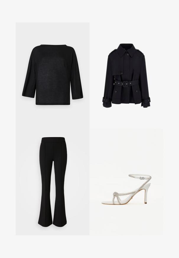 Čierny trenčkot s vysokým golierom, zapínaním na gombíky, opaskom v páse a preloženými detailmi na rukávoch. Vyrobený z hladkej, ľahkej látky.; Čierny voľný top s širokým výstrihom a trojštvrťovými rukávmi. Materiál vyzerá mäkko a ľahko s hladkým povrchom.; Čierne rozšírené nohavice vyrobené z elastického materiálu s hladkou textúrou, so švovými detailmi pozdĺž prednej časti pre zvýraznenie dizajnu.; Biele sandále na vysokom opätku s textúrovaným pásikom zdobeným kamienkami, otvorenou špičkou a popruhom okolo členka s nastaviteľnou prackou.