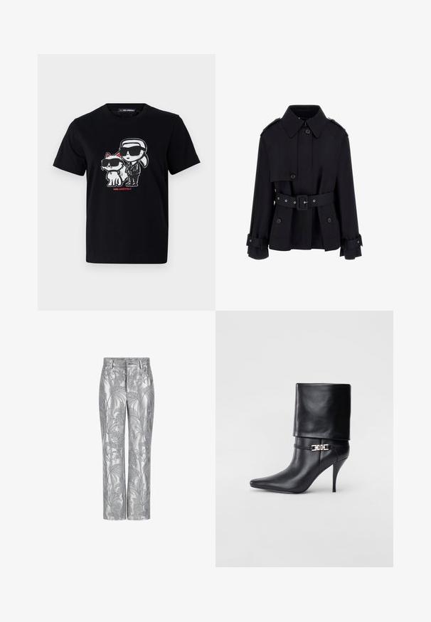 Crna trench kaput s visokim ovratnikom, dugmadi sprijeda, remenom u struku i detaljima na preklopima rukava. Izrađen od glatkog, laganog materijala.; Crna pamučna majica s grafičkim printom lika i mačke, oboje nose sunčane naočale, s crvenim tekstom ispod.; Srebrne hlače s vezenim listovima, ravnog kroja, glatke i sjajne teksture. Funkcionalne džepove i kopčanje na dugme.; Crna kožna gležnjača s šiljastim prstom, visokim stiletto potplatom, preklopnim rubom i zlatnom dekorativnom kopčom na gležnju.
