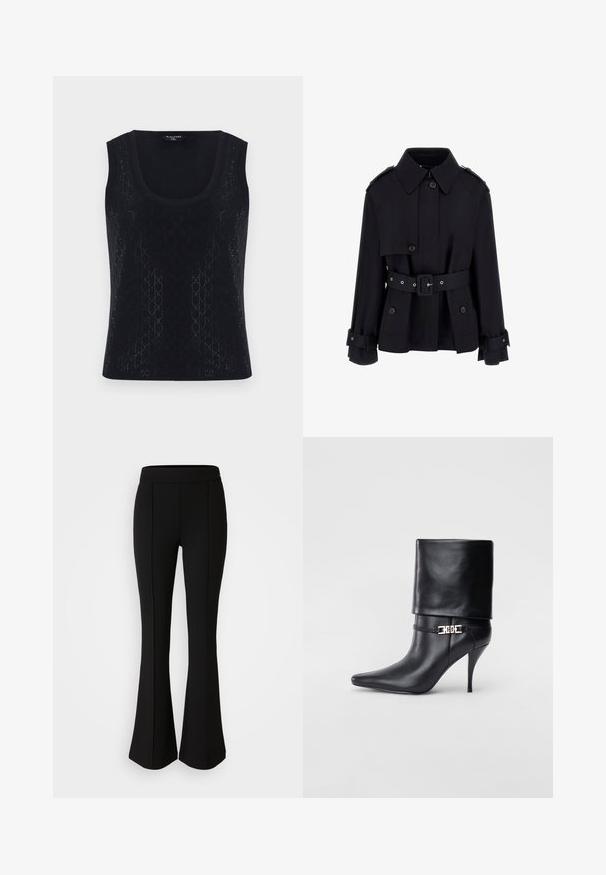 Must mustrükk, millel on kõrge krae, nööpidega esiosa, vöökoht, mis on vöödiga, ja volditud varrukate detailid. Valmistatud siledast, kergest kangast.; Must mustriga T-särk kaelaaugu lõikega, millel on tekstuuriga muster väikestest geomeetrilistest kujudest ja peene sära. Kanga koostis on kerge ja sile.; Mustad flared püksid, mis on valmistatud elastsetest materjalidest, millel on sile tekstuur. Ees on õmbluste detailid, mis lisavad disaini.; Mustad nahast pahkluu saapad terava nina, kõrge stilettokanna, volditud äärega ja kuldse dekoratiivse pandlaga pahkluul.