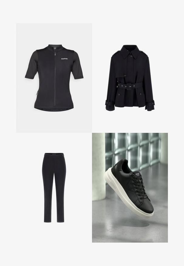 Čierny trenčkot s vysokým golierom, zapínaním na gombíky, opaskom v páse a preloženými detailmi na rukávoch. Vyrobený z hladkej, ľahkej látky.; Čierny cyklistický dres s krátkym rukávom a zipsom na prednej strane, vyrobený z priedušného materiálu, s logom GripGrab na hornej ľavej strane.; Čierne priliehavé nohavice s hladkým povrchom, rovný strih a široký pás. Obsahuje malé logo na páse.; Čierne nízke tenisky Guess s bielou podrážkou, šnúrkami a logom na boku a jazyku, vystavené na pozadí zo sklenených blokov.