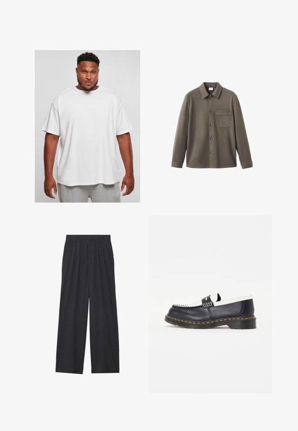 Oliwkowa koszula zapinana na guziki wykonana z teksturowanej tkaniny; ma kołnierz, długie rękawy oraz kieszeń na piersi z wąskim klapkiem.; Biała, dużych rozmiarów bawełniana koszulka z krótkim rękawem i okrągłym dekoltem, charakteryzująca się gładką fakturą i luźnym krojem, noszona z szarymi szortami.; Szerokie spodnie wykonane z ciemnoszarego materiału. Posiadają pliski w talii, dopasowany krój oraz prostą sylwetkę.; Czarne skórzane buty wsuwane z białym skórzanym akcentem. Posiadają dekoracyjne przeszycia oraz gumową podeszwę z żółtym wykończeniem. Okrągły kształt palców.